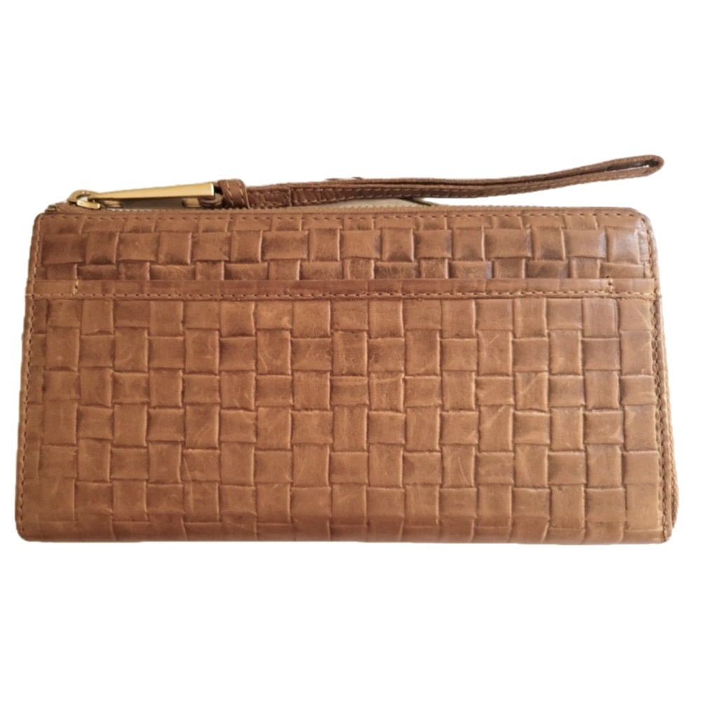 margot Woven Leather Zip Wristlet Wallet in Tan Brown
